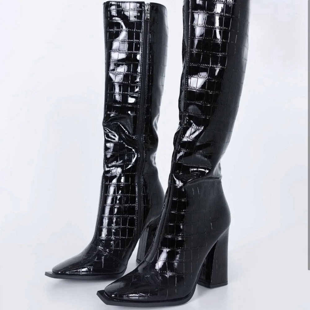 Princess Polly Black Faux Crocodile Boots
